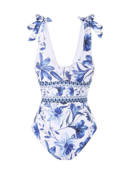 Blue And White Porcelain Print One-piece Slimming And Figure-flattering Long Swimsuit And Sun Protection Dress Two-piece Set