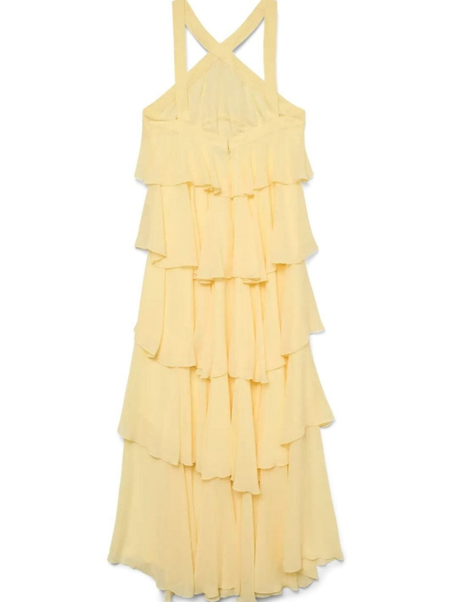 Halter Backless Cake Skirt Pink Yellow Maxi Dress