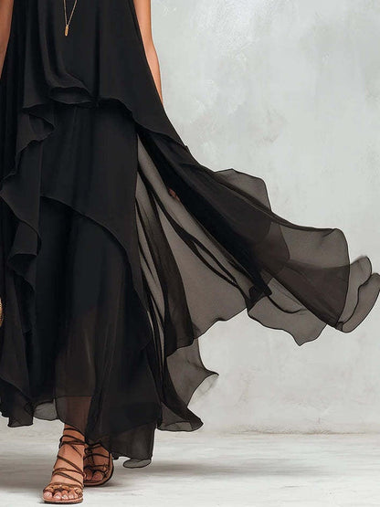 Black Sleeveless Asymmetrical Chiffon Maxi Dress