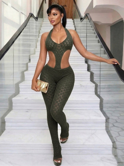 Hollowed-out Perspective Slimming Knitting Deep V Jumpsuits
