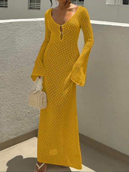 V-neck Round Button Long-sleeved Vacation Maxi Dress/beach Wear