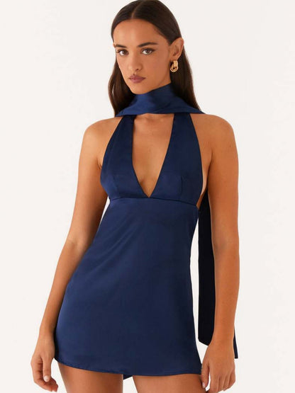 Printed Halter Neck Deep V Backless Mini&Short Dresses
