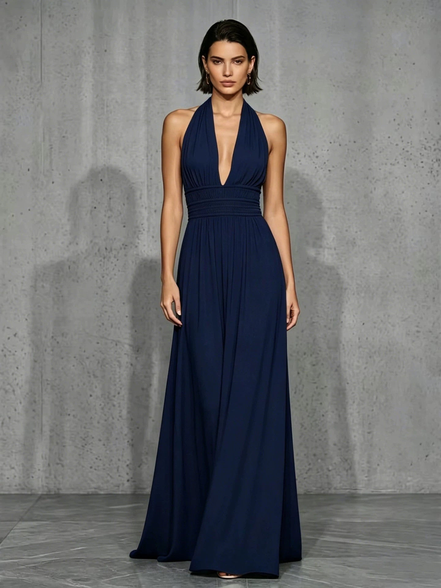 Off-shoulder And Backless Solid Color Halter Neck Long Dress