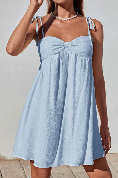 Tie Shoulder Sweetheart Crinkled Texture Babydoll Mini Dress