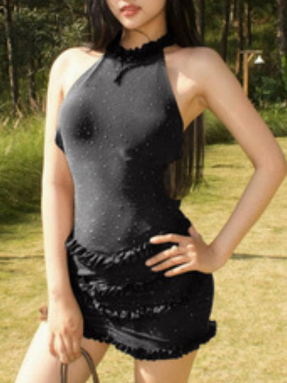 Sequins Mesh See-through Halter Neck And Backless Hip Wrap Mini&Short Dresses