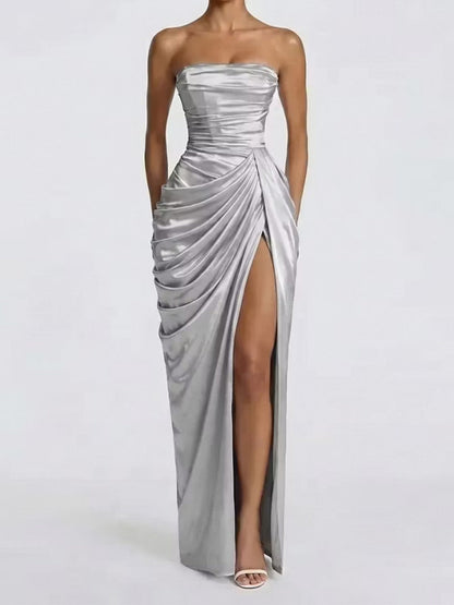 Pleated Slit Strapless Waist Maxi Dresses