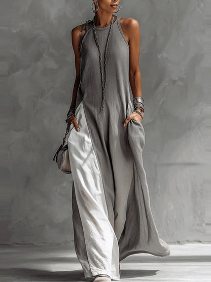 Sleeveless Loose-fit Pocket Color-blocked Leisure Off-shoulder Maxi Dresses
