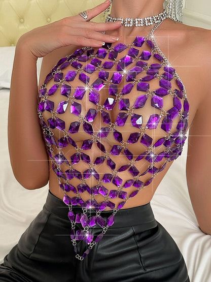 Diamond-studded Openwork Chain Splicing Halter Neck And Backless Tank Tops&Camis