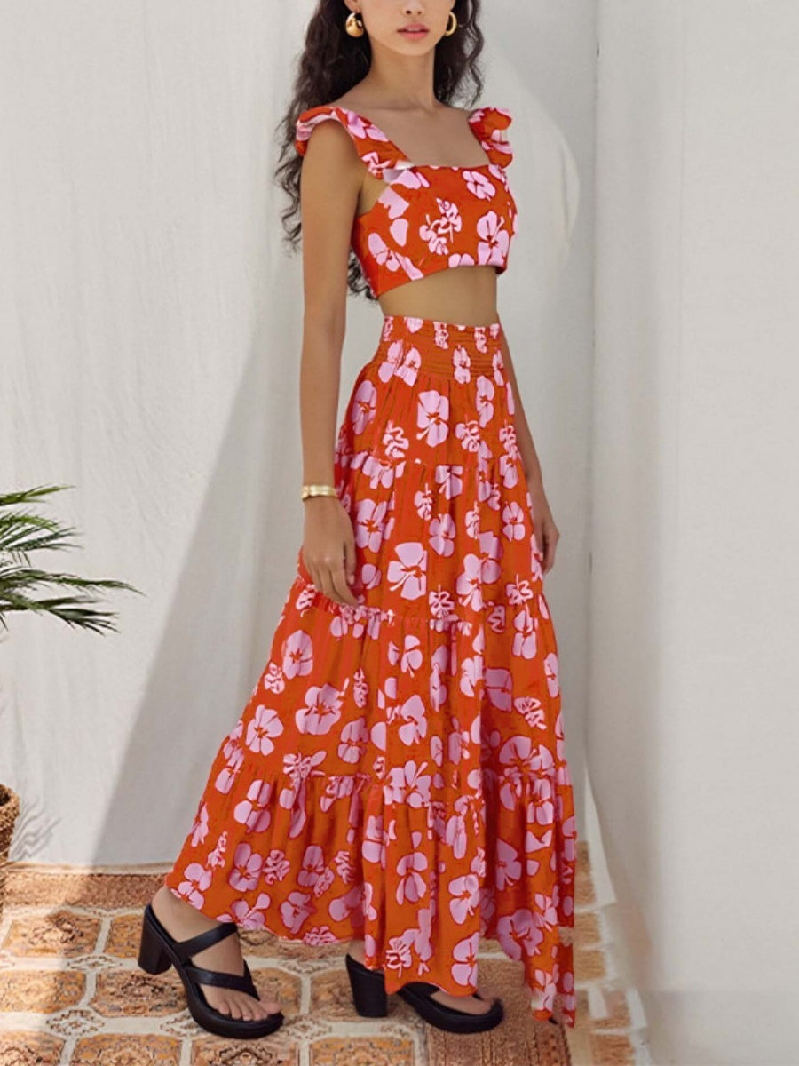 Solid Color Ruffled Trim Two-piece Suspender Skirt Set