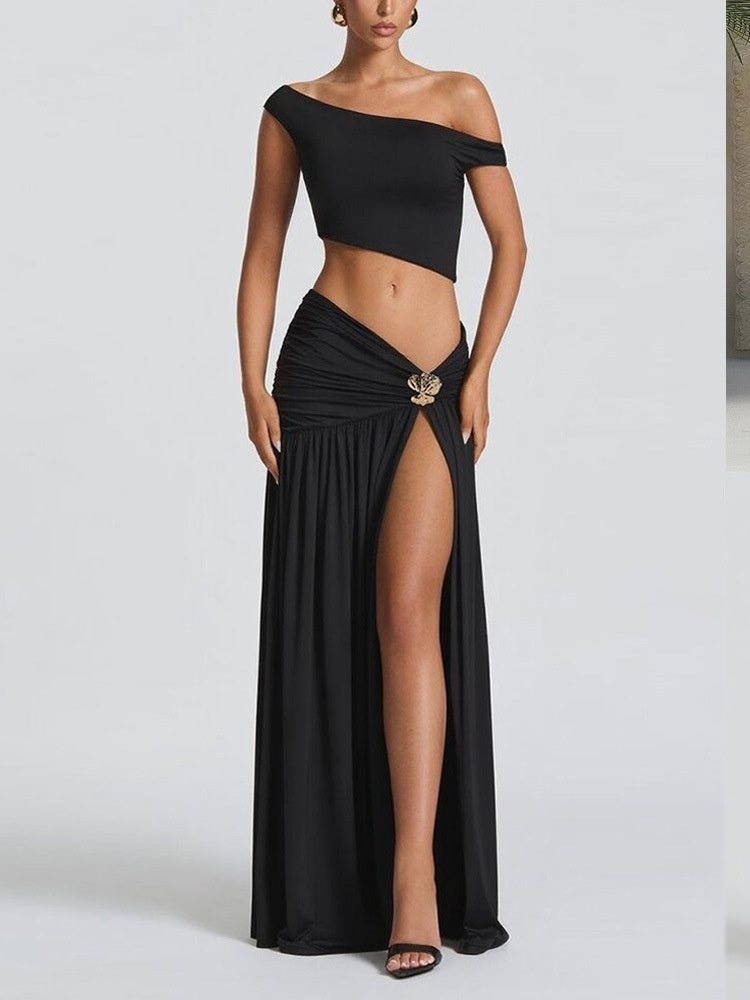 Off-shoulder Crop Top Tank Top And Fitted Side Slit Skirt Two-piece Set