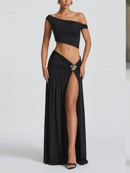 Off-shoulder Crop Top Tank Top And Fitted Side Slit Skirt Two-piece Set