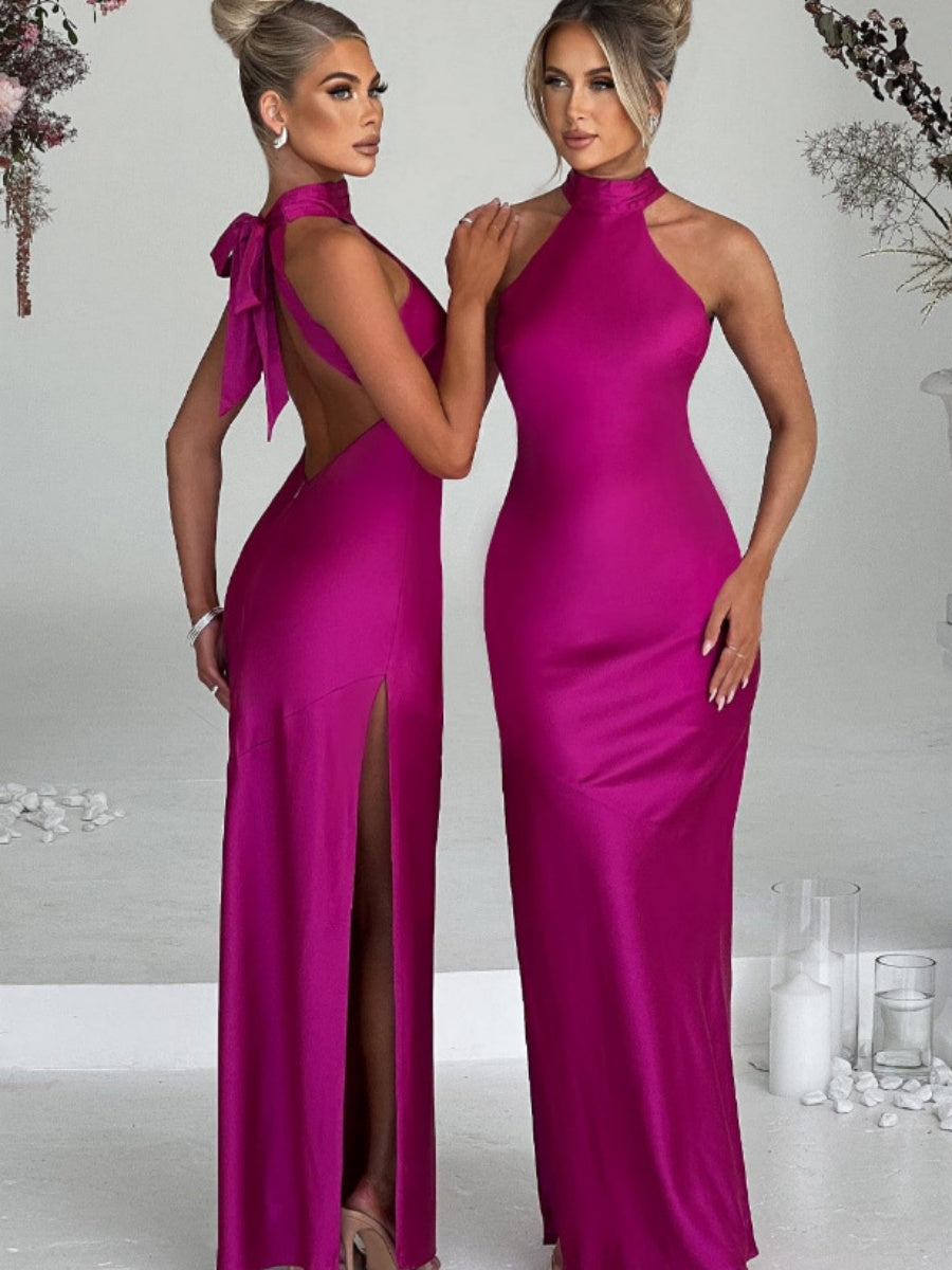 Halter Slits Satin Maxi Dresses