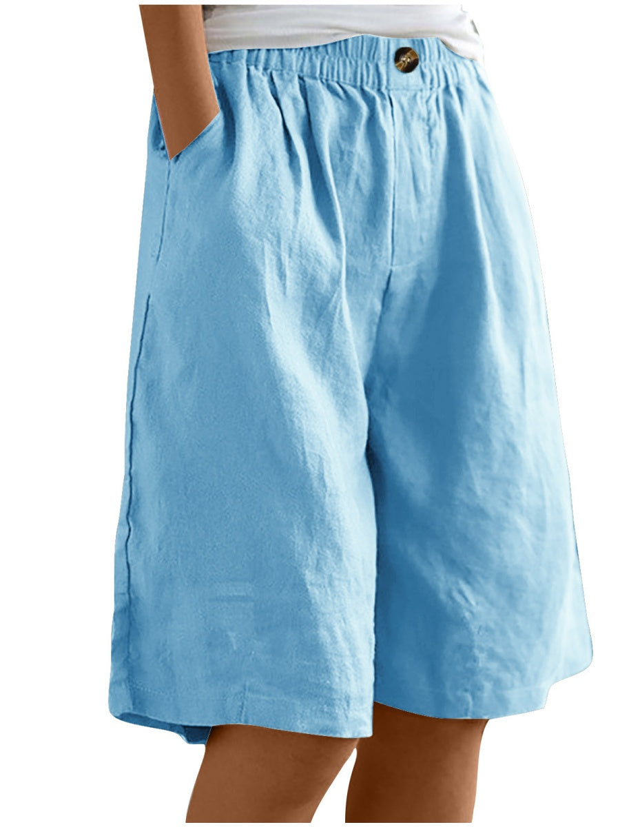 Button-down Cotton Linen Loose High-waisted Five-point Shorts