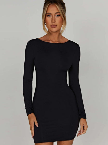Solid Color Long-sleeved Slim-fit Top With Exposed Hips Mini&Short Dresses