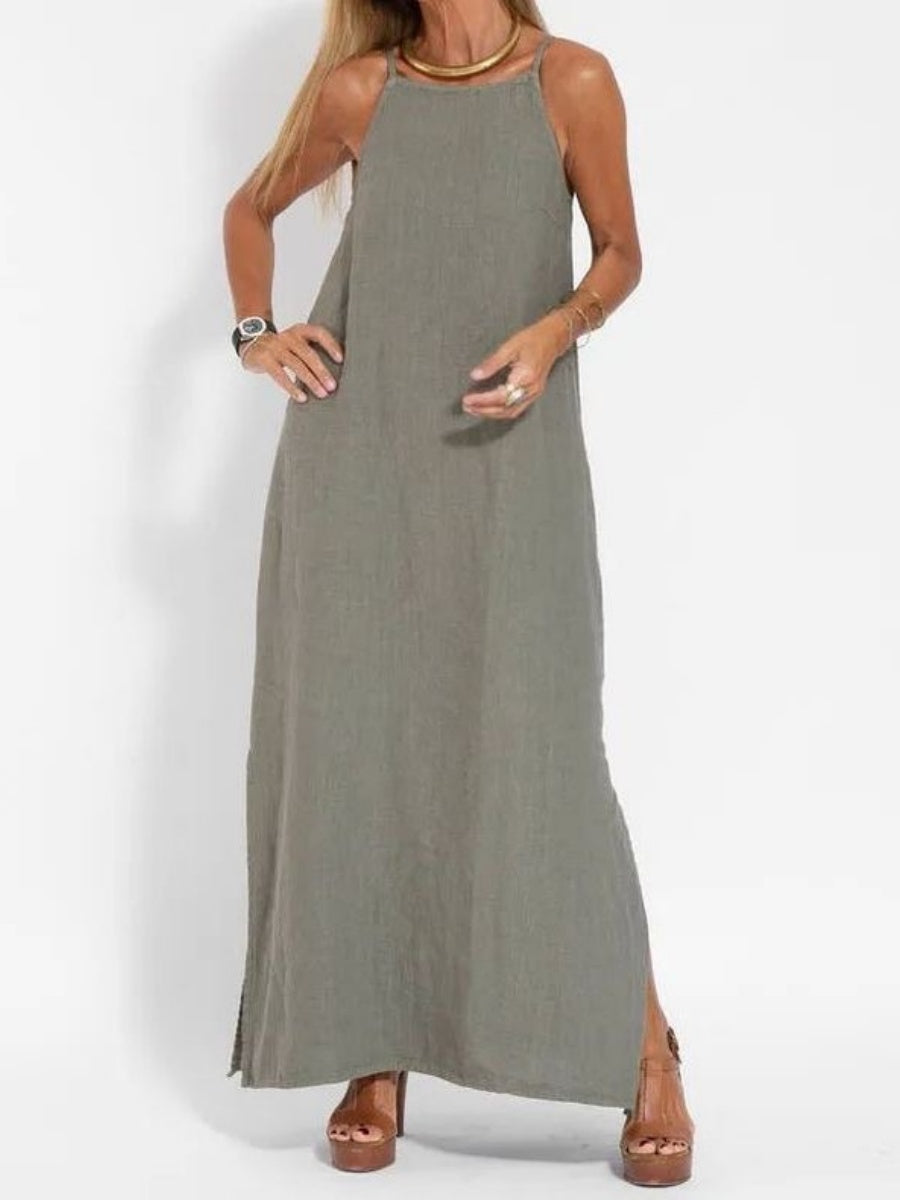 Cotton Linen Slit Spaghetti Strap Long Dress