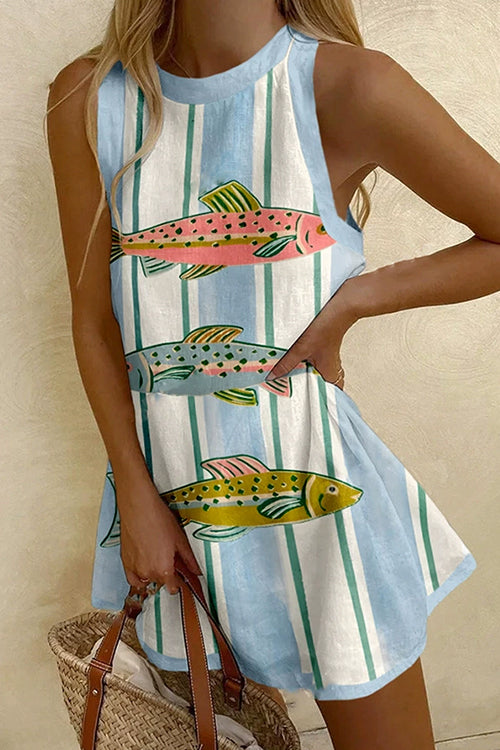 Margovil Sleeveless Fish Print Striped Casual Mini Dress