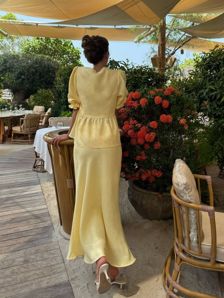 Two-piece Set: Puff-sleeved V-neck Tie-front Top And High-waisted Skirt