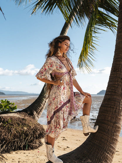 Deep V Neck Floral Print High Low Ruffle Lace Insert Maxi Dress