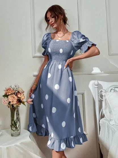 Square Collar Polka Dots Short Sleeve Ruffle Vacation And Leisure Maxi Dresses