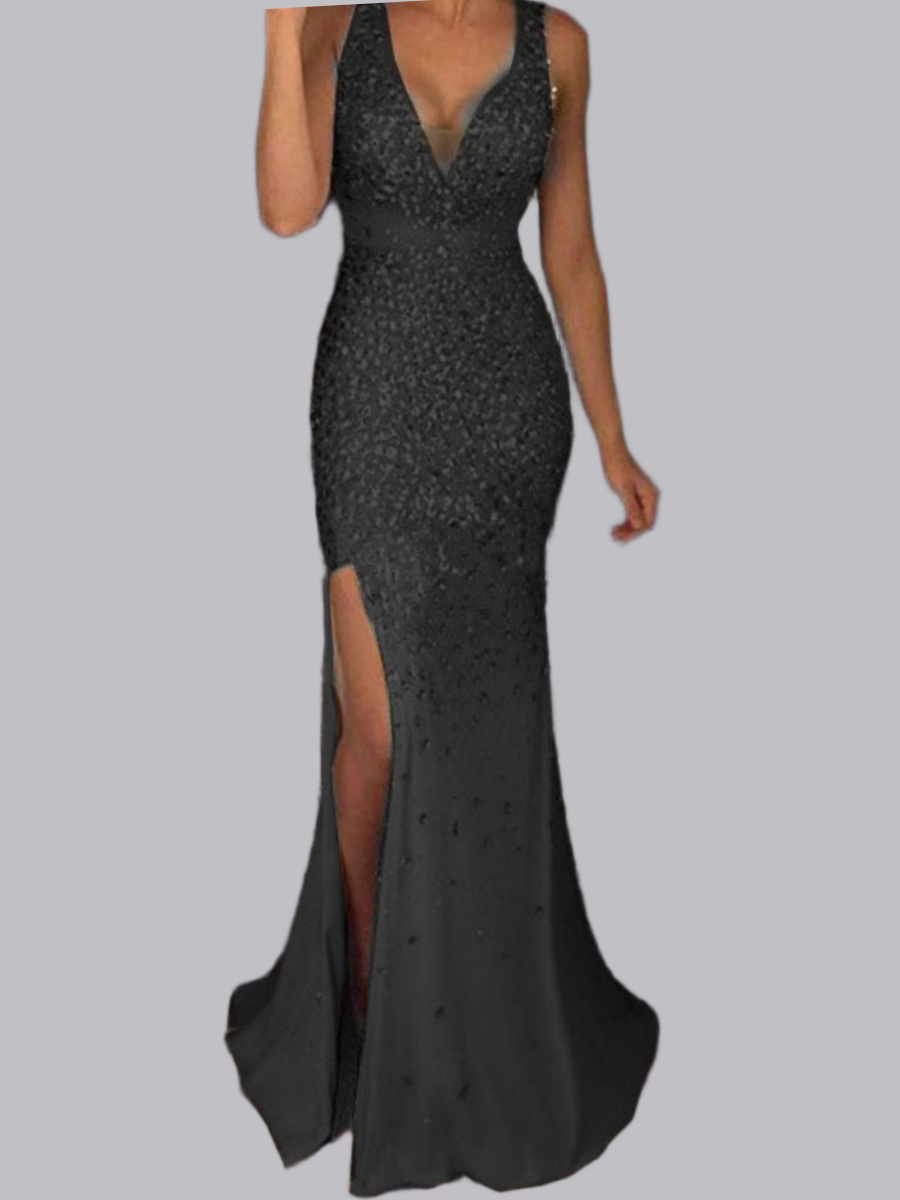 V-neck Slit Sprinkled Gold Formal Dress Maxi Dresses