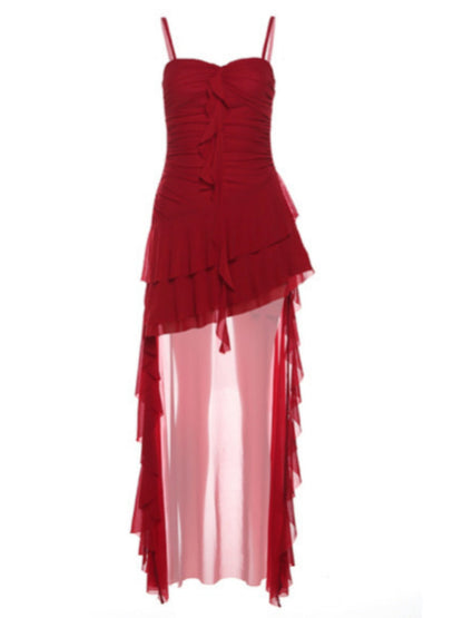 Mesh Ruffle Irregular Hem Camisoles Mini&Short Dresses