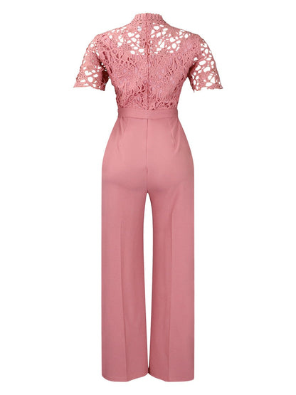 Lace Trim Hollow Short Sleeve Bandage High Waist Wide Leg Jumpsuits