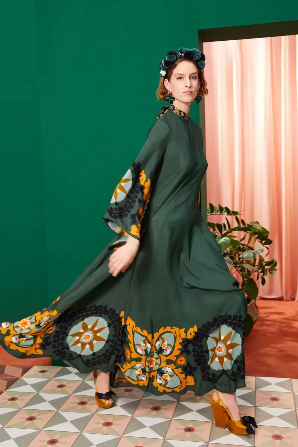 Medallion Print Mock Neck Embroidered Bell Sleeve Maxi Dress