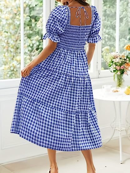 Plaid Puff Sleeve U-neck Mini&Short Dresses