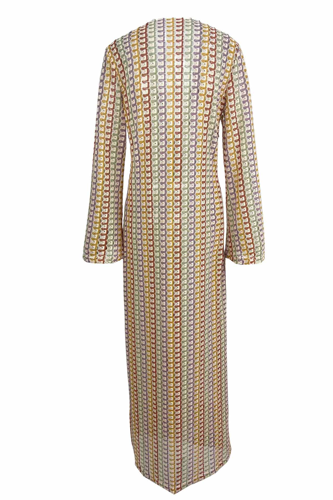 Scallop Circle Print Deep V-Neck Long Sleeve Front Slit Maxi Dress