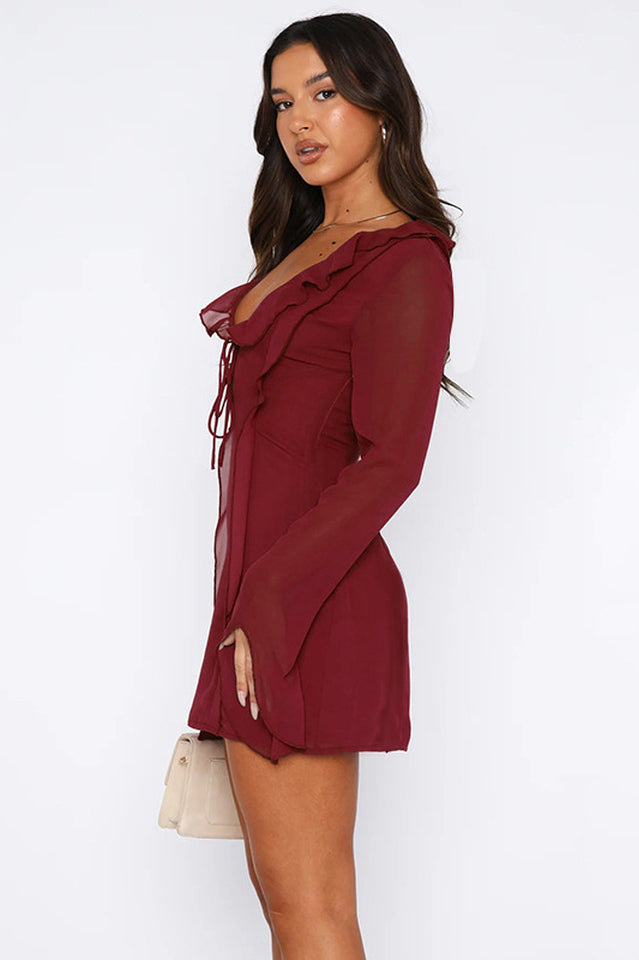 Ruffle Trim Tie Front Keyhole Deep V Neck Long Bell Sleeve Chiffon Mini Dress