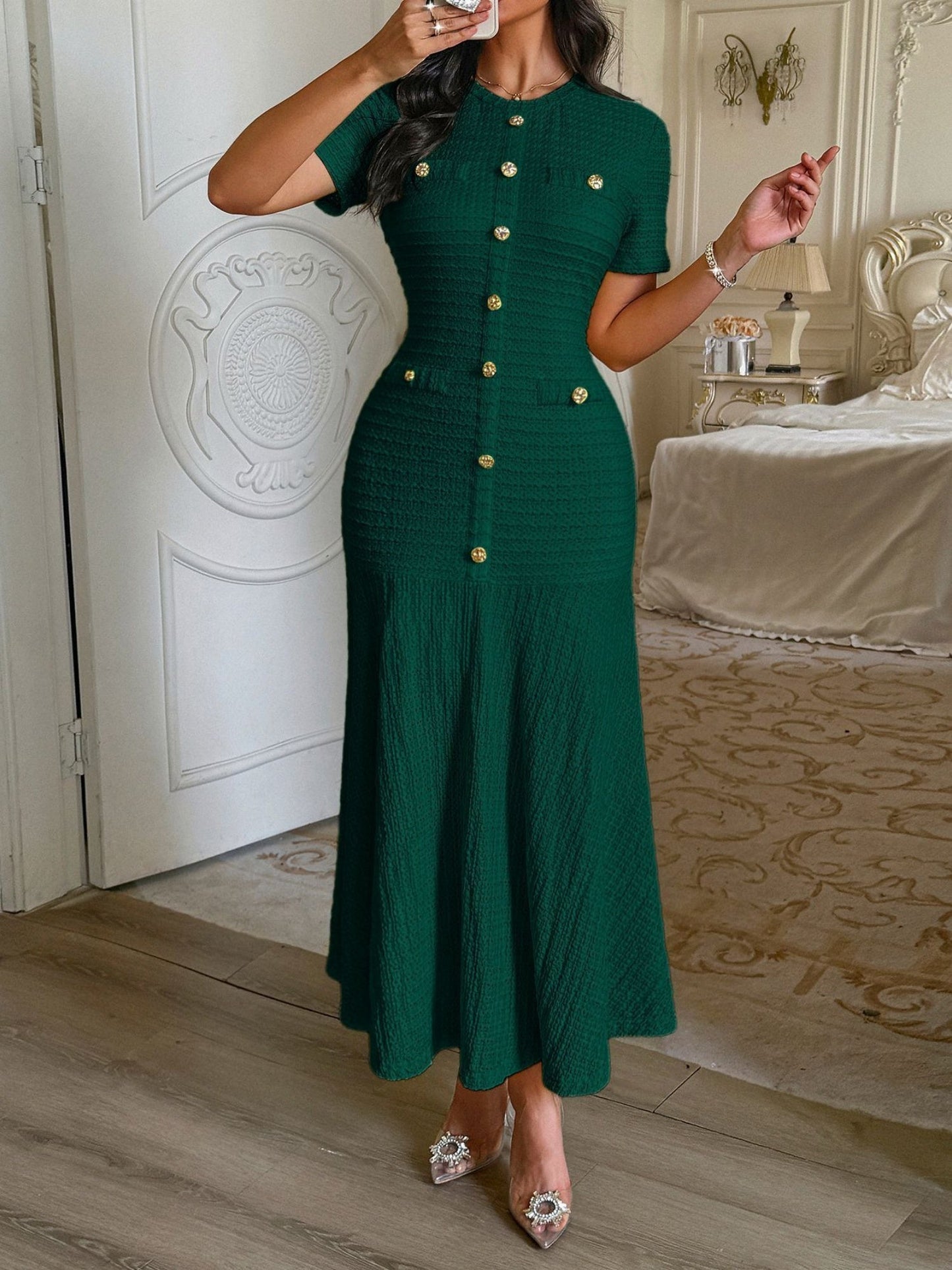 Buttons Short-sleeved Bodycon Top Maxi Dresses