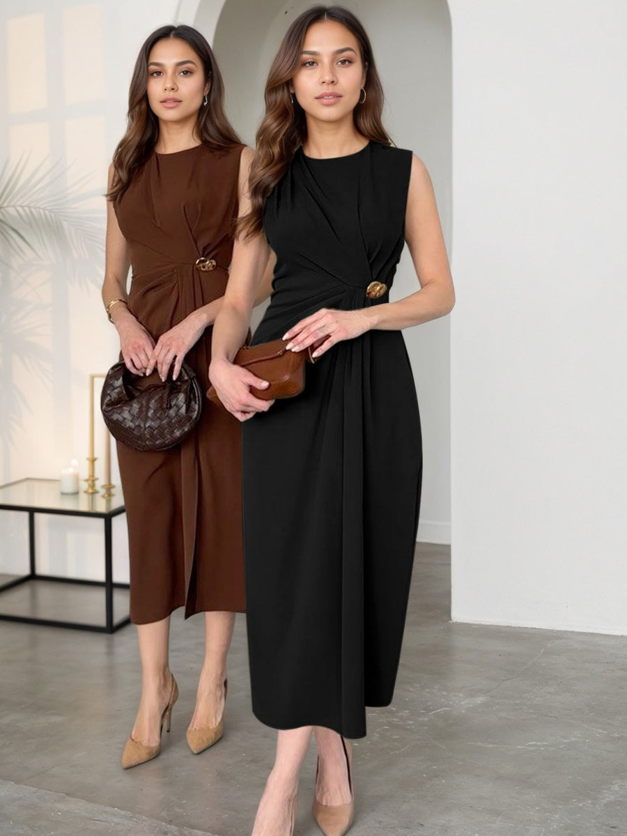 Sleeveless Pleated Metal Decoration Slit Midi Dresses