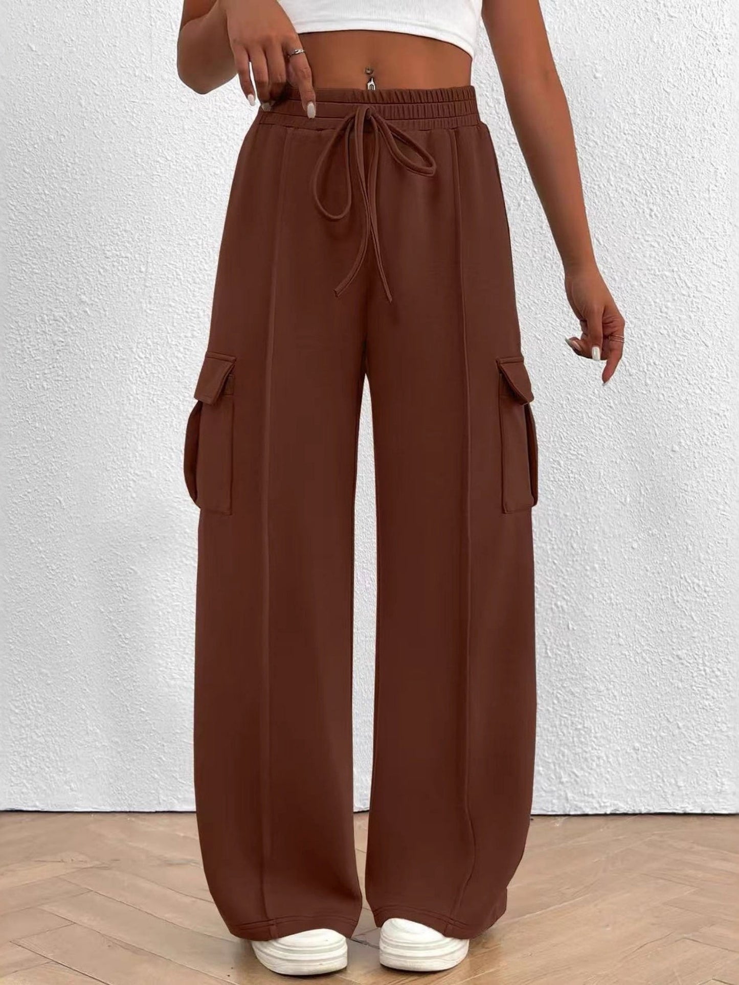 Elastic Waistband Lace Up Pocket Cargo Trousers