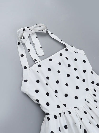 Polka Dots Printed A-line Halter Neck Short Dress
