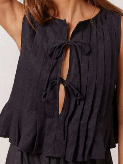 Cotton And Linen Straps Pleated Tank Tops