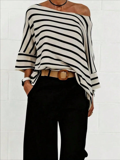 Off-shoulder Sloping Shoulders Loose-fit Stripes Commuting T-shirts