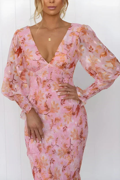 Floral Print Plunge V-Neck Balloon Sleeve Smocked Flounce Hem Midi Dress