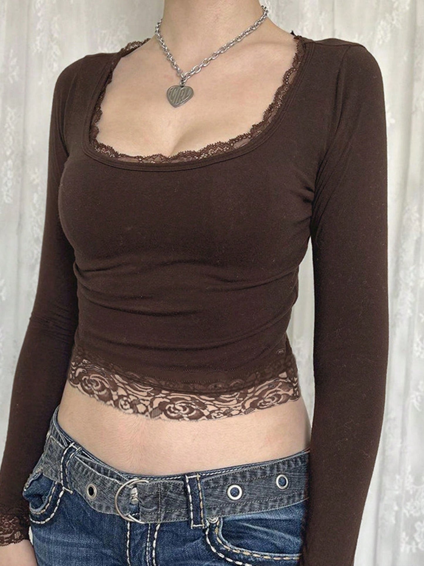 Lace Trim U-neck Long Sleeve Slimming Crop Top