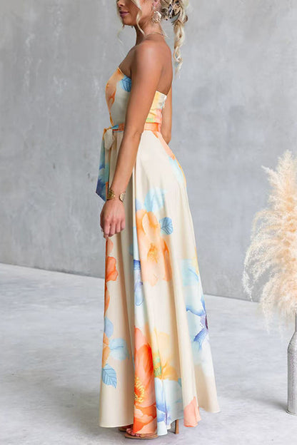 Strapless Bow Waist Floral Print Swing Maxi Dress