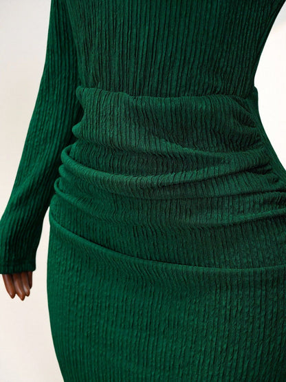 Knitting Long Sleeve High Waist Slim-fit Hip-hugging Drawstring Maxi Dresses