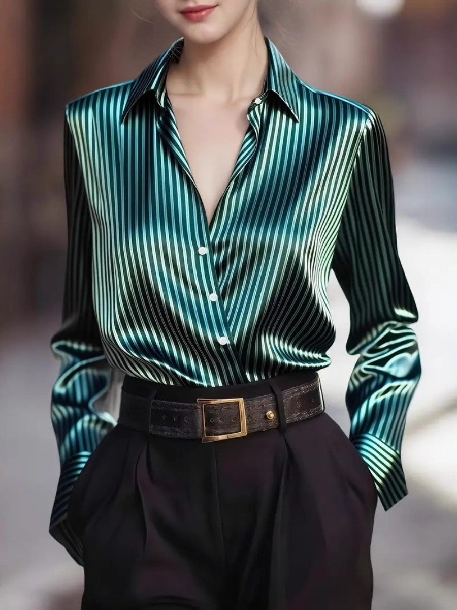Stripes Single-breasted Slim-fit Satin Casual Shirts