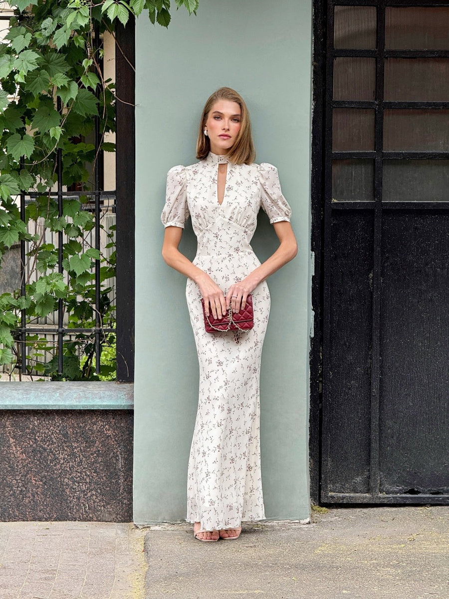 V-neck Temperament Floral Puff Sleeve Maxi Dresses