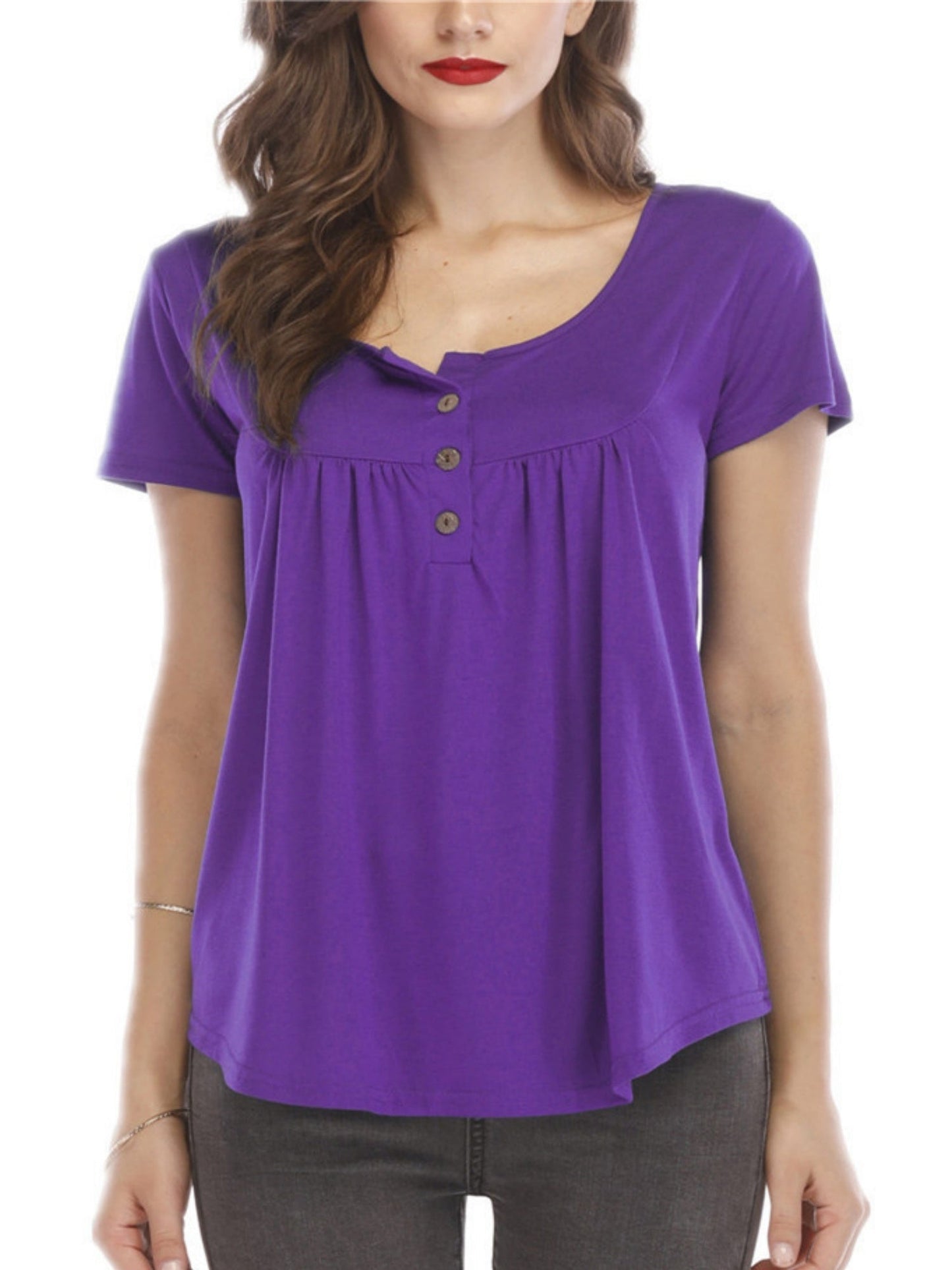 V-neck Pleated Buttons Loose-fit Short-sleeved T-shirt