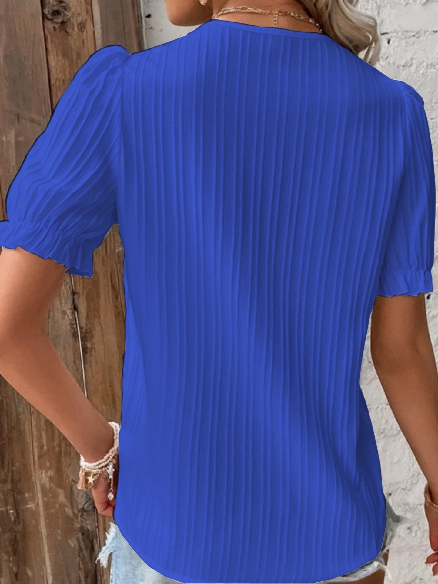 Openwork Lace Puff Sleeve V-neck Vertical Stripes T-shirts