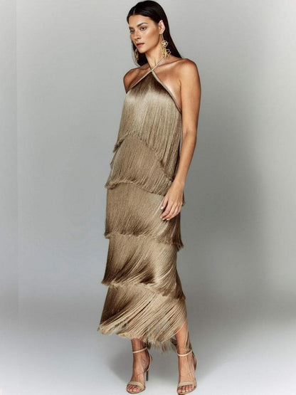 Halter Tassel Backless Cross Maxi Dresses
