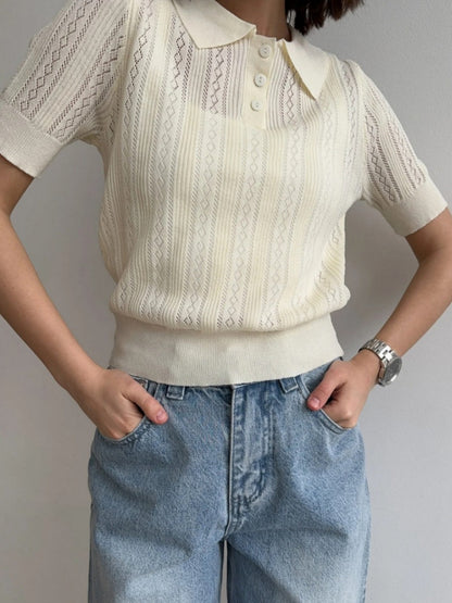 Hollow Crochet Lapel Short Sleeve Knitwear T-shirts