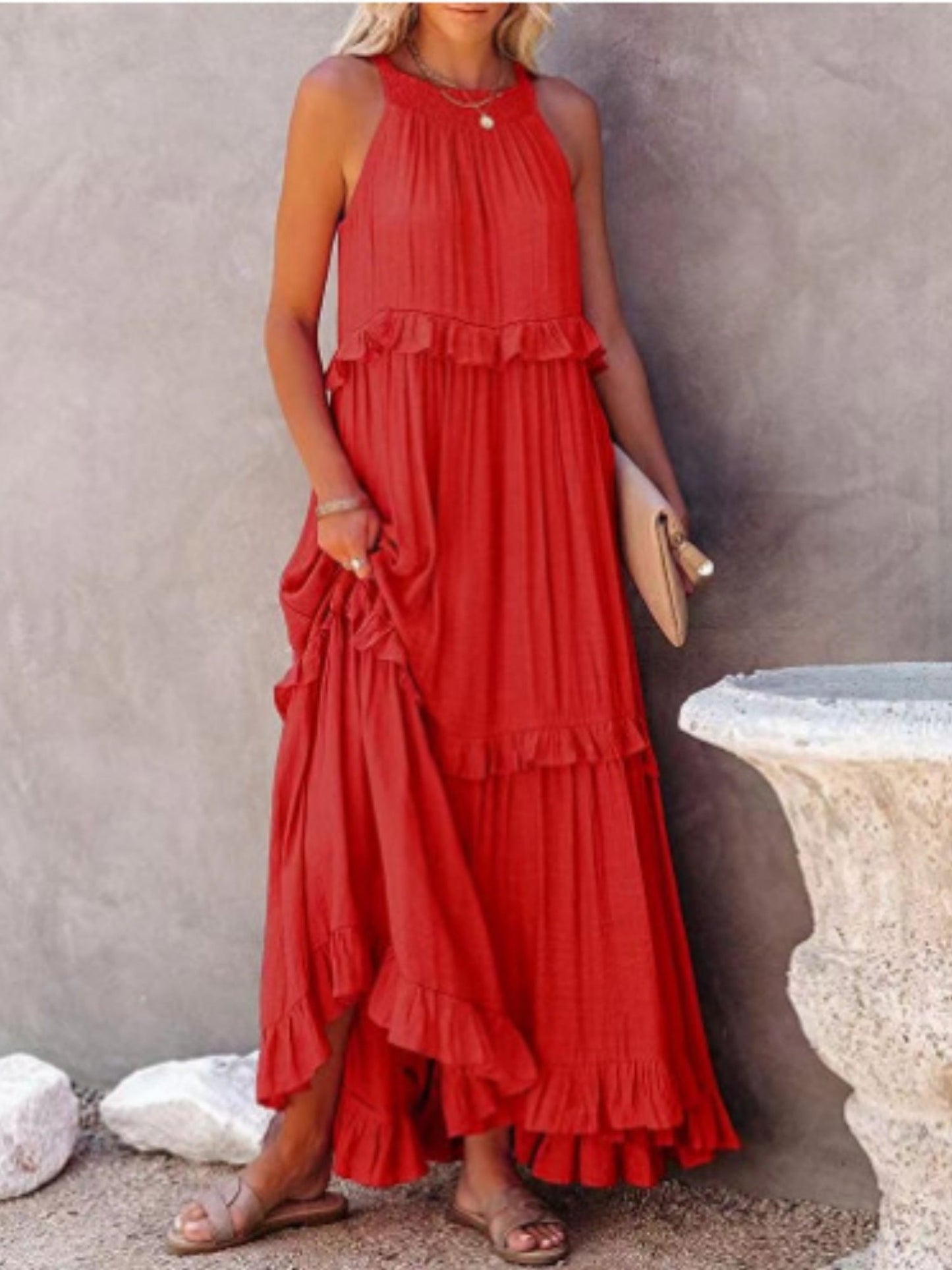 Ruffle Pleated Large Skirt Sleeveless Maxi Dresses