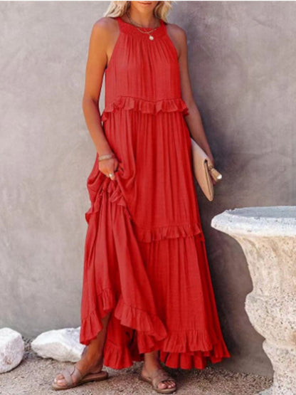 Ruffle Pleated Large Skirt Sleeveless Maxi Dresses