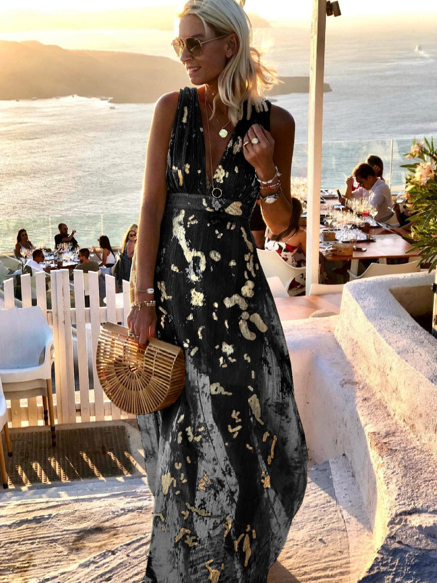 Printed Gathering Hot Stamping V-neck Sexy Maxi Dresses