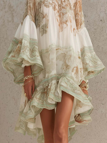 Ruffled, Vacation-style Loose-fitting, Flowy Short Dress